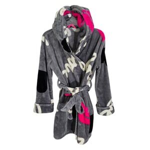 Betsey Johnson Plush‎ Robe S M Gray Pink White Script Logo Hooded Cozy Size XS